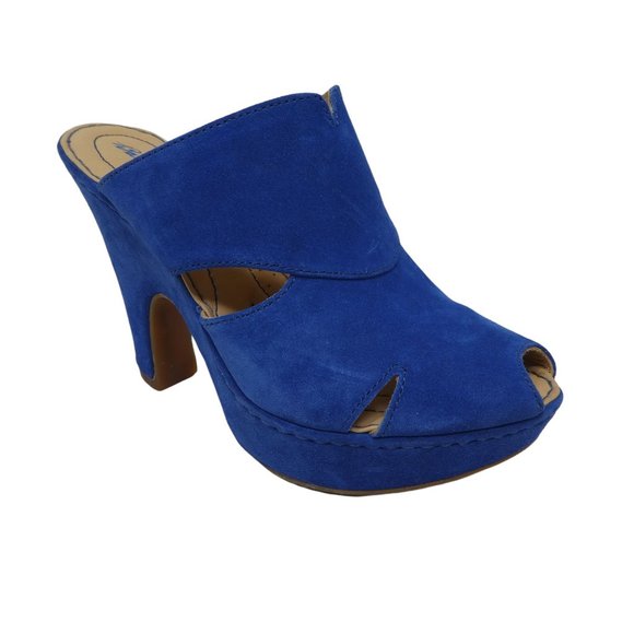 Born Shoes - Born Crown Platform Heeled Clogs Shoes Womens 7 Cobalt Blue Suede Peep Toe